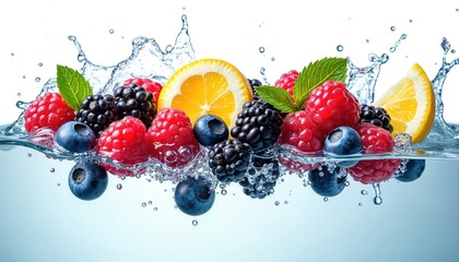 Mix of fresh berries, citrus with water splash. Raspberries, blueberries, blackberries, lemon slices, mint leaves falling into water against white background. Summer refreshing cocktail ingredients.