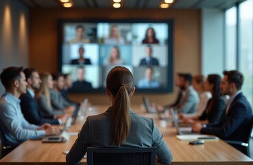 Back view of woman leads business video conference in meeting room with colleagues. Businesswoman presents financial report to board of directors. Online negotiations using modern technology concept.