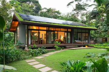 Fototapeta premium Modern eco-friendly house with solar panels and green roof. Ideal for articles about sustainable living, architecture, and green energy.
