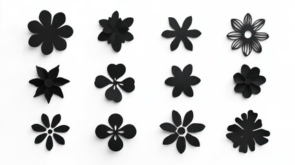 Black paper flowers, craft, white background, design elements, scrapbook