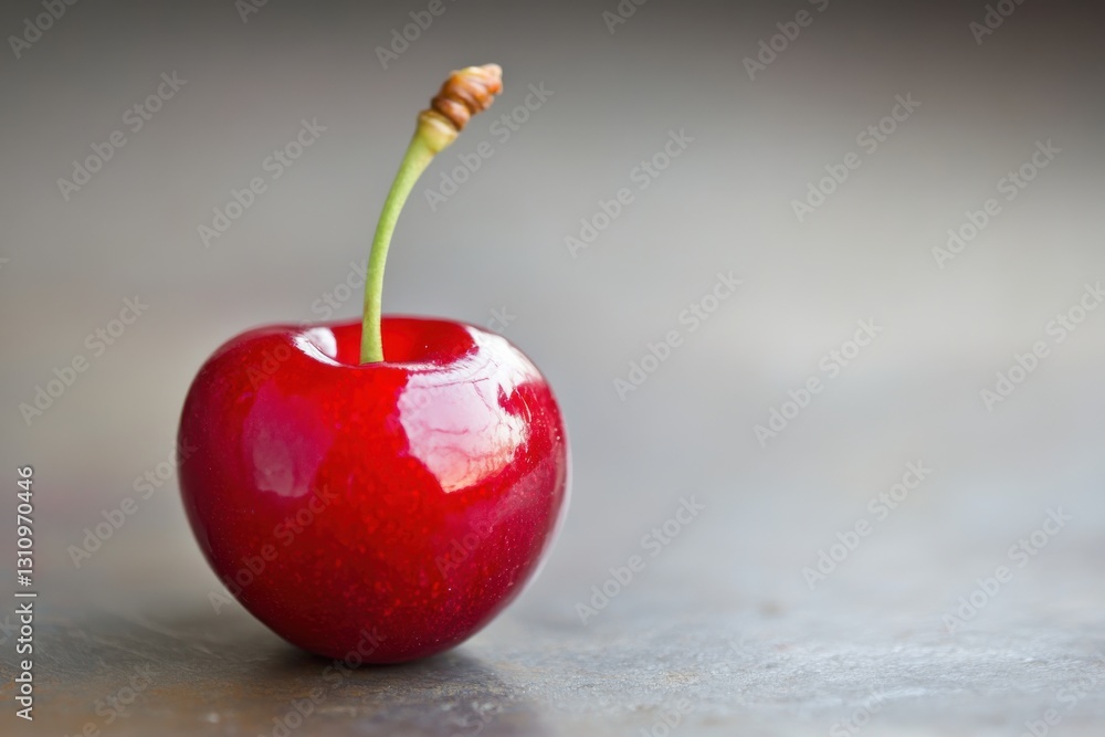 Poster fresh red cherry on a textured surface showcasing its glossy appearance and green stem in a natural 
