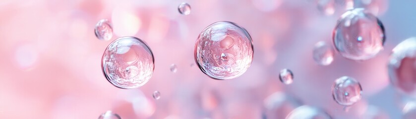 Naklejka premium A vibrant pink wall adorned with playful bubbles of water, reflecting light and creating a whimsical atmosphere. The bubbles vary in size, adding depth and texture to the scene.