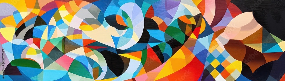 Poster a vibrant abstract painting featuring a dynamic interplay of colors and geometric shapes, creating a