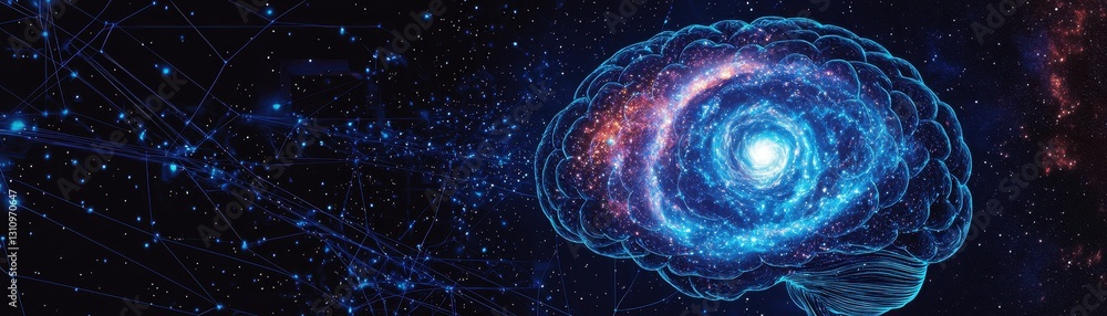 Poster A cosmic brain illustration blending neural networks with galaxy-like patterns, symbolizing the connection between thought and the universe.