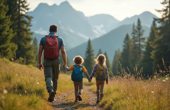 Father with son, daughter walk along forest path holding hands. Family hiking with backpacks. Mountains, fir trees background. People traveling, exploring nature together, active lifestyle.