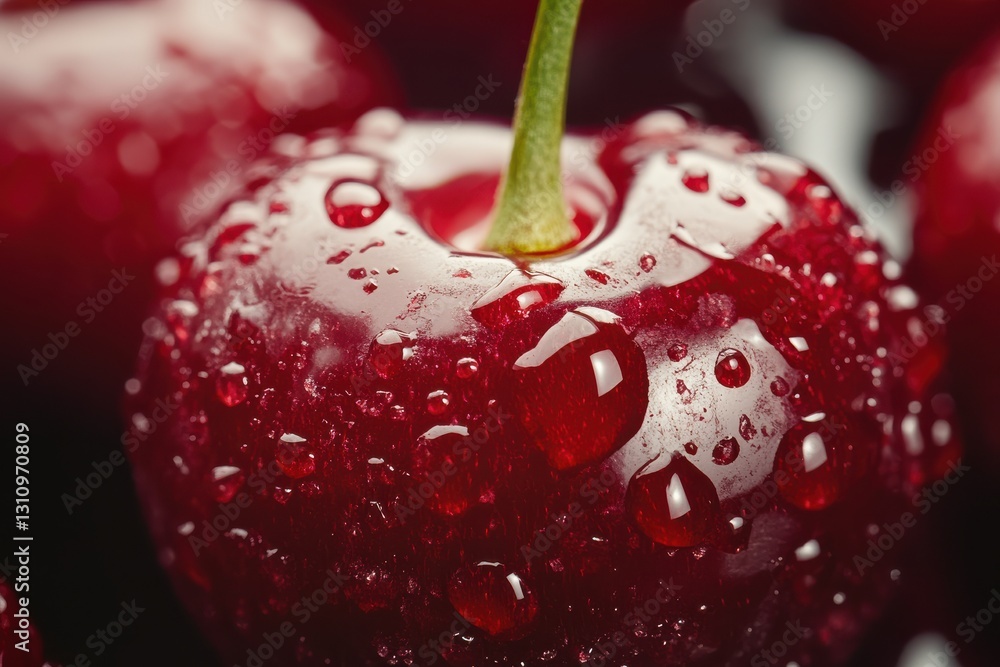 Poster bright red cherries glistening with water droplets on a dark surface create a fresh and vibrant disp