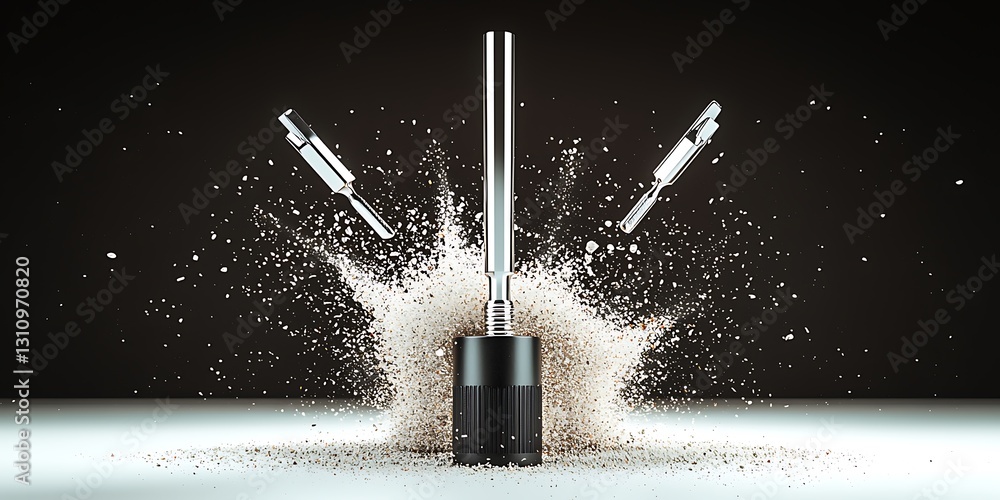 Poster dynamic explosion of particles from a black cylindrical object with metallic elements, studio settin