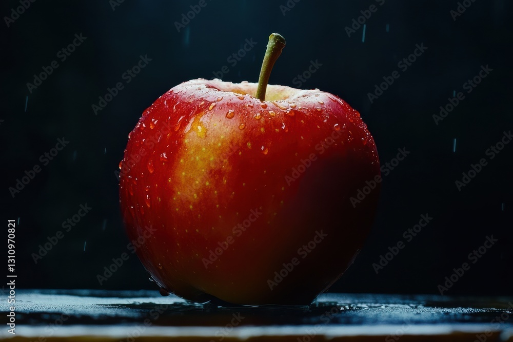 Poster Fresh red apple with water droplets illuminated by soft light and dark background in a creative still life setup