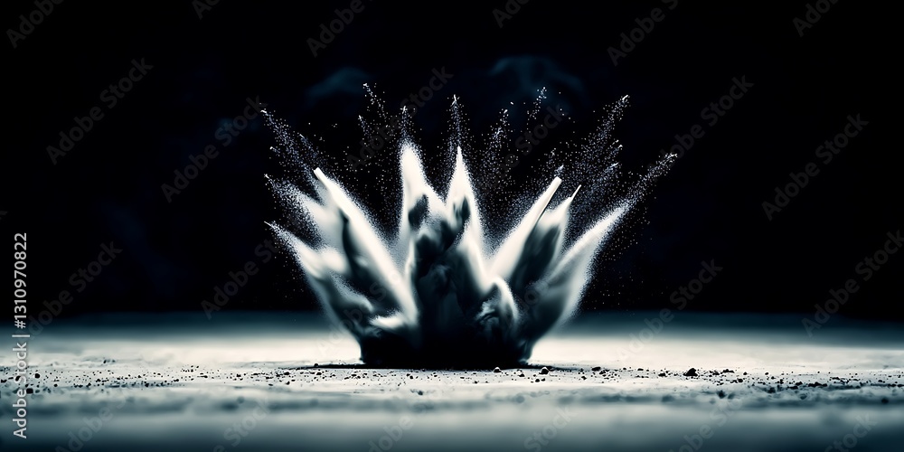 Poster dynamic explosion of powder creating an abstract form against a dark background