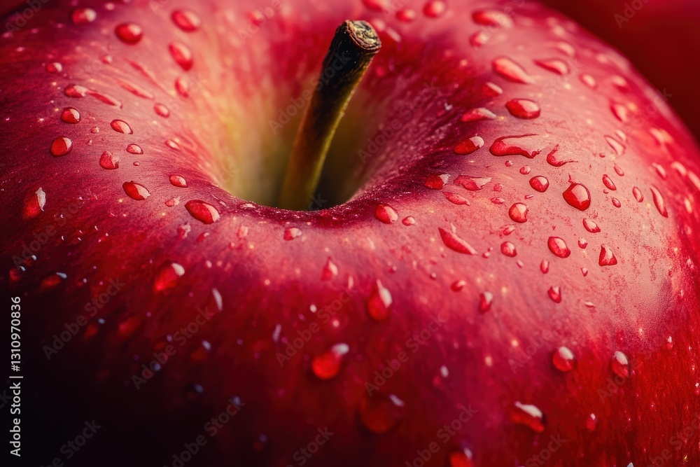 Poster fresh red apple with water droplets captured in close-up highlighting natural texture and vivid colo
