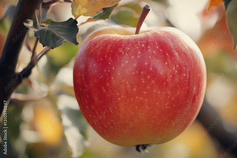 Poster Ripe red apple hanging on a tree branch during autumn in an orchard setting