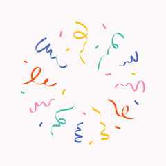 Explosion of confetti from multicolored curved lines, long ribbons, serpentine on light background, simple hand drawn illustration, flat style