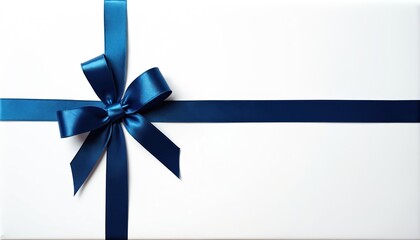 Top view of gift box tied with blue ribbon bow on white background. Present packaging composition for holidays like birthday, anniversary, Valentines Day. Promotion mock-up with space for text logo.