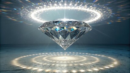 A large, shimmering crystal formation suspended in mid-air, surrounded by a halo of bright, shimmering light, celestial object, sparkles, glowing orb