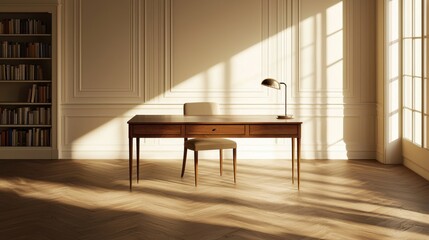 Fototapeta premium Elegant Minimalist Workspace with Natural Light and Wooden Furniture