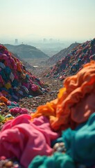 Landfill site filled with colorful heaps of clothing textile waste shows environmental pollution, consumerism excess. Discarded fabric rubbish degrade landscape. Society abandoned biodegradable