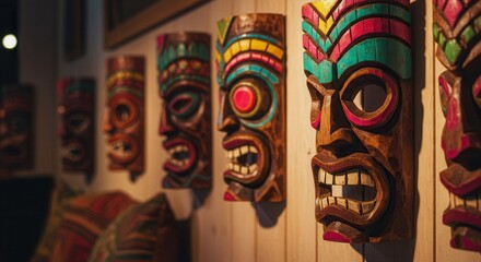 Fototapeta premium Colorful Carved Wooden Tiki Masks Decorating Wall As Cultural Art Pieces