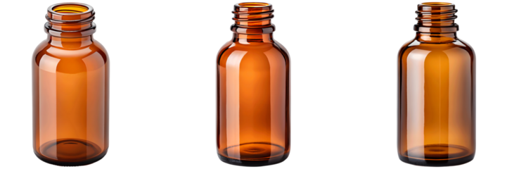 set of Empty amber glass bottle without cap for pharmaceutical or cosmetic use, isolated on white or transparent background, png