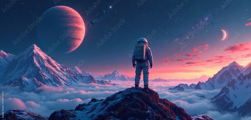 Poster astronaut in spacesuit stands on mountain top watching pink sunset on distant planet with snow mount