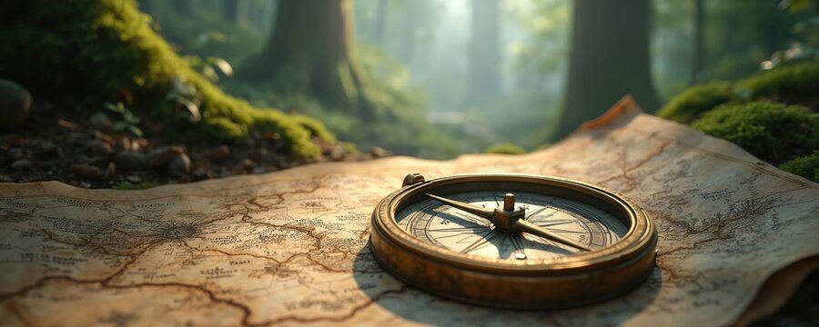 Close-up shot of antique compass on old map in enchanted forest, guiding through fairytale. Rustic navigation tool shows direction for adventure, discovery, treasure hunting, exploring geography,
