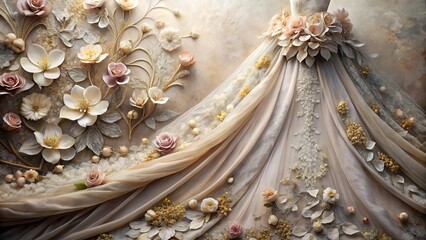 Elegant Bridal Gown Draped with Delicate Fabric and Exquisite Floral Accents, a Study in Romantic Textures and Hues