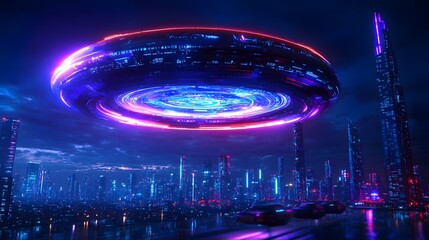 Fototapeta premium Futuristic Cityscape with Hovering Vehicles and Glowing Holograms