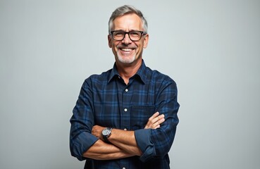 Fototapeta premium Portrait of mature man in glasses smiling with crossed arms on light background. Senior male with grey hair, beard wearing blue plaid shirt. Successful confident businessman in casual attire poses in