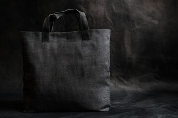 Black fabric tote bag resting on dark surface with dramatic lighting at a studio