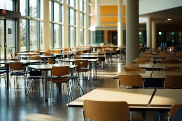 Bright and spacious dining area with wooden tables and chairs in a modern building during daytime