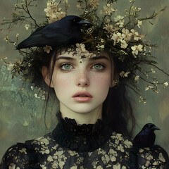 Enigmatic Woman Crow Illustration