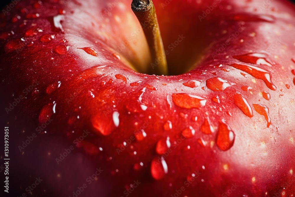 Poster freshly washed red apple glistening with water droplets on a dark background in a close-up view