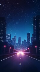 A vibrant city skyline at night, illuminated by lights and stars.