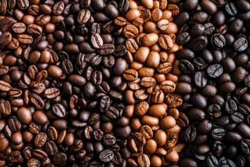Obraz premium Variety of coffee beans displayed in an artistic arrangement showcasing different roasting levels and textures
