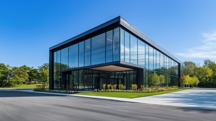 Obraz premium Modern glass and steel office building, symmetrical design, bathed in midday light, showcasing sleek architecture and urban professionalism.