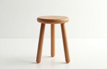 Wooden stool with round seat, three legs on white background. Simple minimalist design, clean lines. Natural wood grain texture. Scandinavian style furniture for modern interior furnishing. Product