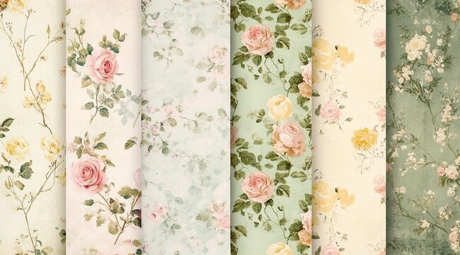 Seven floral patterns with roses and blossoms.
