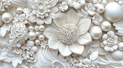 White floral 3D wall art, pearl detail, elegant background, interior design