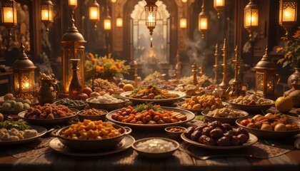 Naklejka premium A Lavish Medieval Feast: A Sumptuous Table of Dishes Under Golden Lanterns