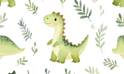 Adorable Baby Dinosaur Seamless Pattern Watercolor Illustration for Kids Decor