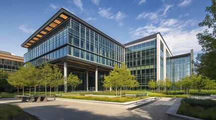 Obraz premium Modern glass and steel office building, symmetrical design, bathed in midday light, showcasing sleek architecture and urban professionalism.