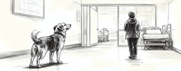 A boy walks through a hospital corridor with his loyal dog by his side, symbolizing comfort.