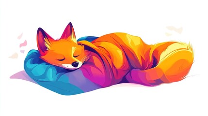 Cute fox sleeping soundly on colorful pillow.