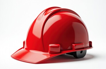 Fototapeta premium Red hard hat isolated on white background. Safety helmet for builder to protect head at construction site. Industrial equipment, personal protective gear, headgear, building constructor tool.