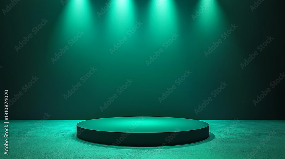 Poster green studio background with circular pedestal platform for product display and presentation 3d dark