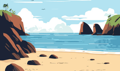 Naklejka premium Minimalist Coastal Beach Scene with Rocks and Waves in Flat Vector Style Illustration