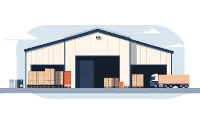 Fototapeta premium Minimalistic Vector Illustration of Warehouse with Loading Truck and Cargo