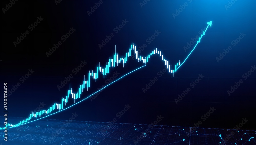 Poster a glowing blue arrow points upward on a black background with a subtle grid pattern