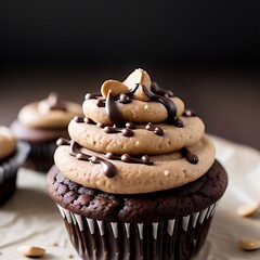 Peanut butter chocolate cupcake with frosting.