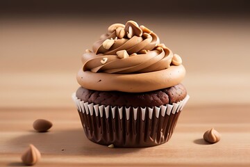Peanut butter chocolate cupcake with frosting.