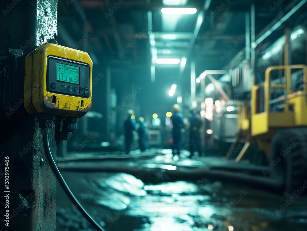 Poster a high-tech monitoring device in an industrial setting, with workers engaged in tasks amidst machine